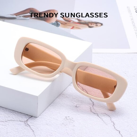 Trendy Rectangle Black Beige Sunglasses Women Men Retro Square Fashion Shades - Picture 4 of 5